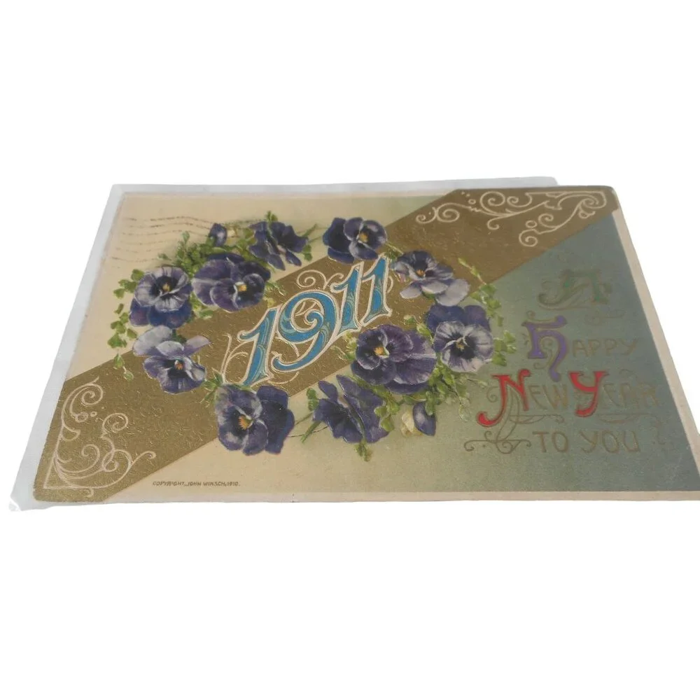 Vintage 1911 New Year's Postcard posted Floral Embossed